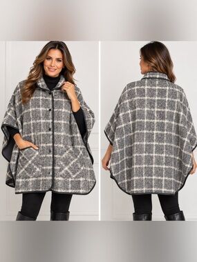 Parasuco Gray Plaid Oversized Poncho Cape Jacket Coat L/XL